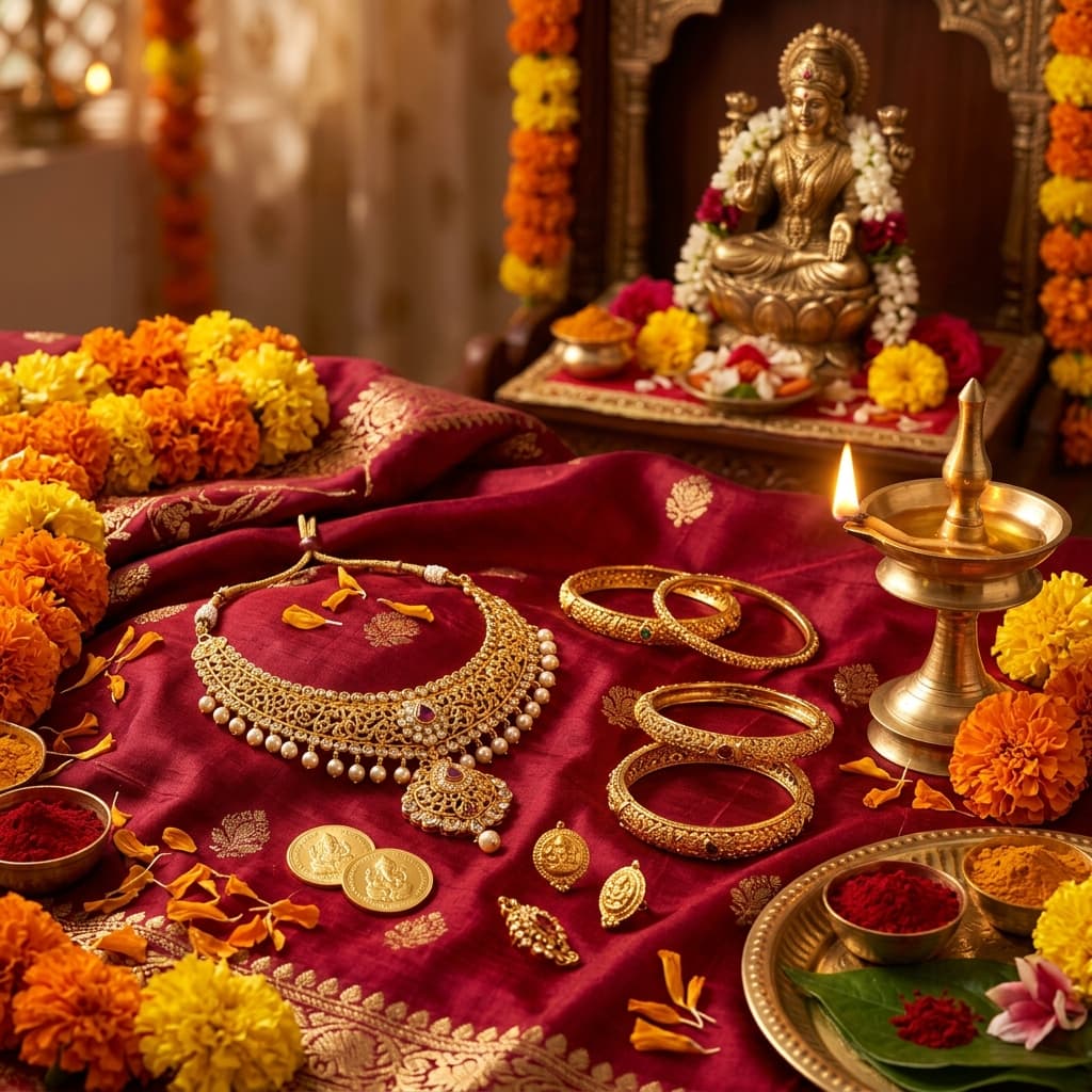 Gold jewelry, coins, and diya lamp arranged for Akshaya Tritiya 2026 with Goddess Lakshmi idol