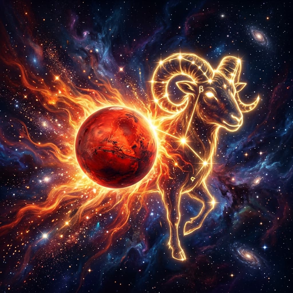 Mars planet glowing red with Aries ram constellation in golden light against cosmic nebula backdrop