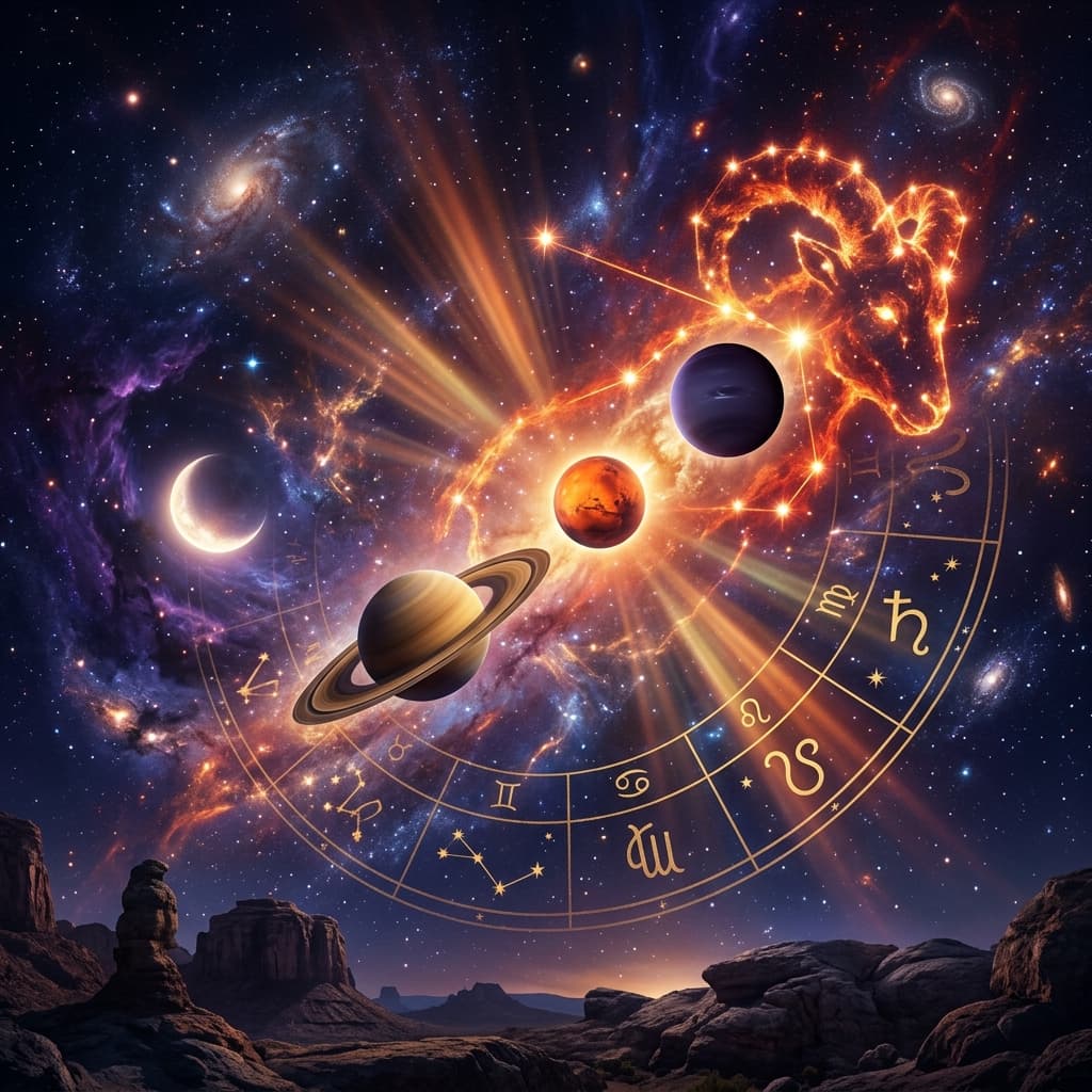 Cosmic illustration of April 2026 planetary alignments with Aries stellium and golden zodiac wheel