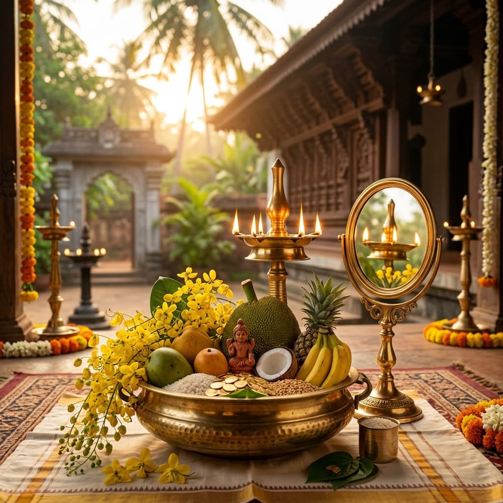 Traditional Vishukkani arrangement with brass Uruli, Kanikkonna flowers, fruits, Nilavilakku lamp and Valkannadi mirror for Vishu 2026